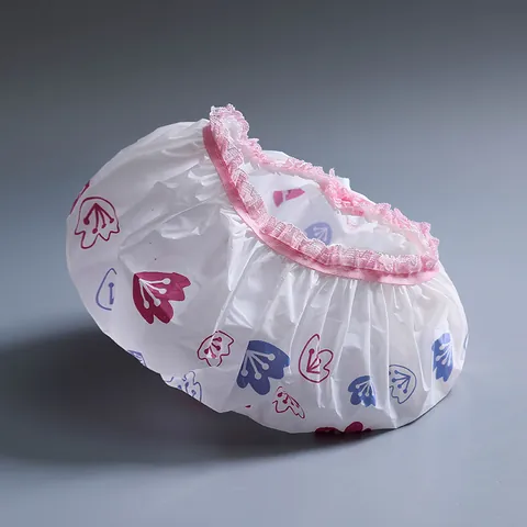 Waterproof Thickened PVC Shower Cap For Women Cartoon Printed Bathing Makeup Kitchen Oil-proof Elastic Lace Edge Bath Hat