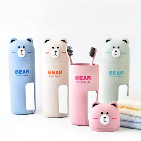Bear Cartoon Travel Wash Set Wheat Straw Plastic Portable Toothbrush Cup Holder Including 2 Toothbrushes For Bathroom Organizer Business Trip Traveling