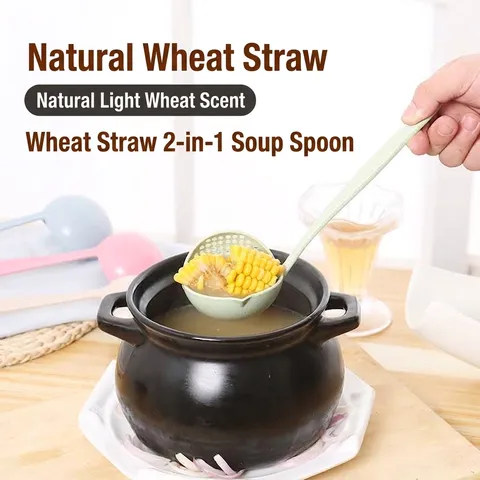 2-In-1 Wheat Straw Soup Spoon Colander Long Handle Filter Ladle Integrated Multi-functional Kitchen Hot Pot Cooking Tool Household Tableware