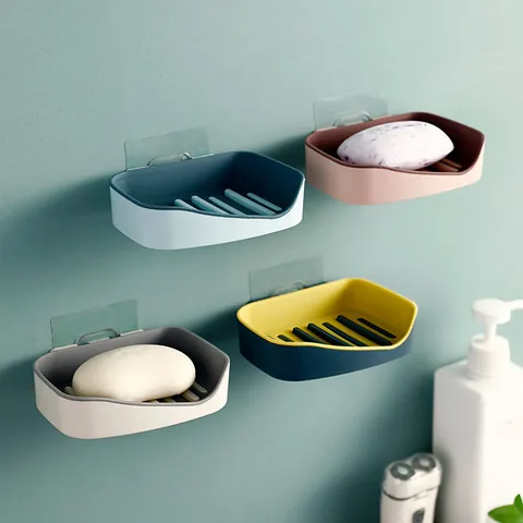 Wall Mounted Double Layer Soap Dish Seamless Adhesive Plastic Bathroom Soap Holder Drainage Rack For Shower Kitchen Bathroom