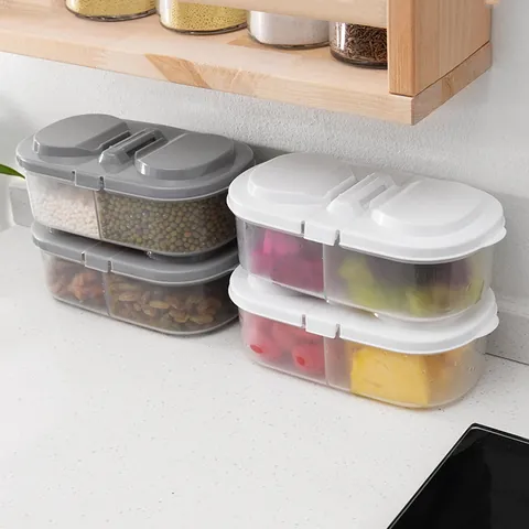 Dual Compartment Plastic Food Sealed Jar Transparent Grain Storage Container With Flip Top Lid Kitchen Refrigerator Organizer