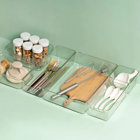 Klarer PET Schubladen-Organizer Modulare Aufbewahrungsboxen Transparente Kunststoff-Trennfächer Für Küche Badezimmer Büro Besteck Make-up