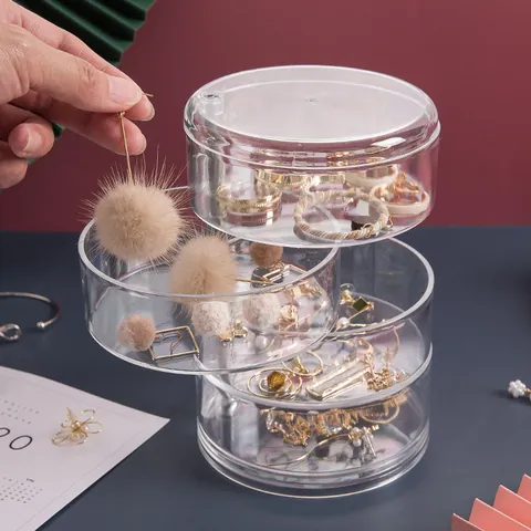 Transparente Rotierende Schmuckaufbewahrungsbox Mehrschichtig Staubdicht Ohrringe Halskette Ring Organizer Fall PS Kunststoff Schreibtisch Zubehör Fach