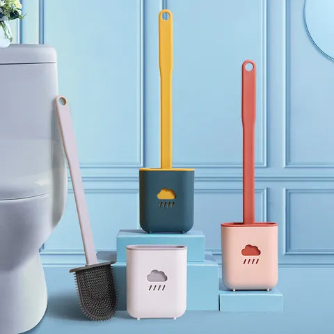 Silicone Toilet Brush With Cloud Base Wall Mounted Flexible TPR Bristles Bathroom Cleaning Tool Set Space Saving Modern