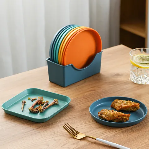 Colorful PP Plastic Snack Plates Set for Bone Scraps Cake Dessert Modern Minimalist Dinnerware Plate with Storage Holder