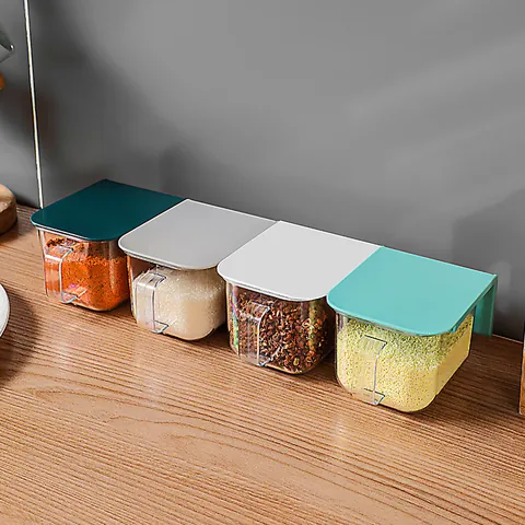 Wall Mounted Spice Box No Drill Dustproof Seasoning Container Transparent Sugar Salt Jar With Spoon Kitchen Storage Organization Bottle