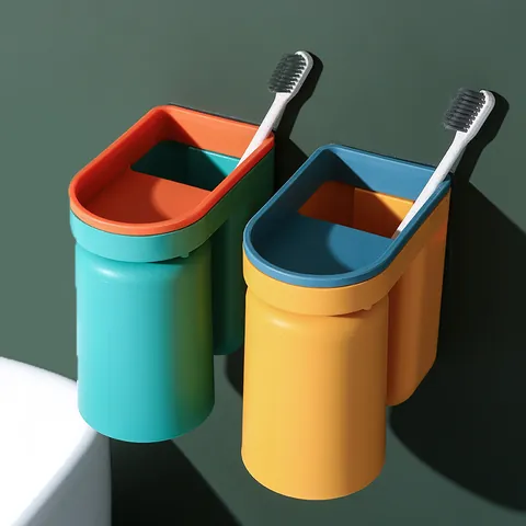 Wall Mounted Toothbrush Holder With Mouthwash Cup Punch Free Bathroom Storage Box Organizer Set For Toothbrush Toothpaste