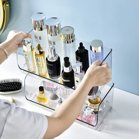Stapelbare Transparante Cosmetica Opbergdoos Bureau Organizer PET Plastic Duidelijke Vitrine Voor Huidverzorging Make-up Badkamer Keuken