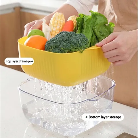 Double Layer Kitchen Drain Basket Transparent Fruit Vegetable Washing Bowl With Handle Plastic Colander For Home Kitchen