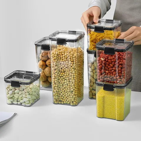Airtight Food Storage Containers Transparent Plastic Kitchen Organization Jar With Black Locking Lid Stackable Refrigerator Organizer For Grains Snacks Nuts