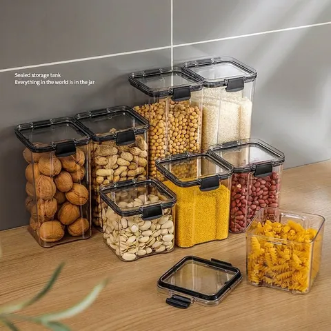 Airtight Food Storage Containers Transparent Plastic Kitchen Organization Jar With Black Locking Lid Stackable Refrigerator Organizer For Grains Snacks Nuts