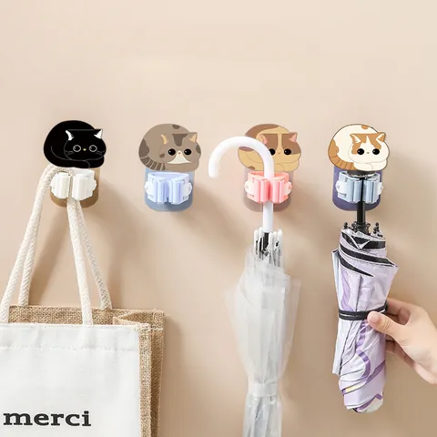 Cartoon Cat Mop Holder Wall Mounted Self Adhesive Mop Organizer Rack No Drill Broom Hanger For Bathroom Kitchen Home