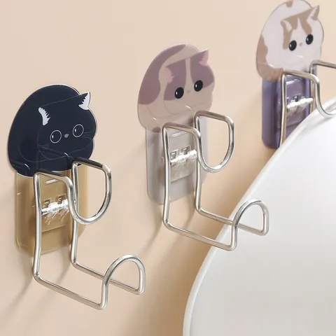 Stainless Steel Wall Mounted Washbasin Rack No Drill Cartoon Cat Hook Bathroom Storage Organizer Washbasin Holder