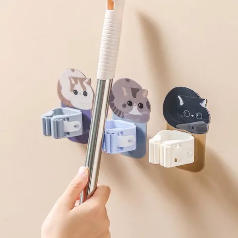 Cartoon Cat Mop Holder Wall Mounted Self Adhesive Mop Organizer Rack No Drill Broom Hanger For Bathroom Kitchen Home