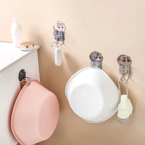 Stainless Steel Wall Mounted Washbasin Rack No Drill Cartoon Cat Hook Bathroom Storage Organizer Washbasin Holder