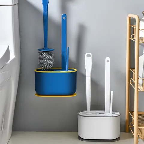 Wall Mounted Long Handle Toilet Brush Set Bathroom Cleaning Tools With Silicone Soft Bristles Dual Brush Heads And Holder