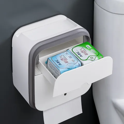 Wall Mounted Bathroom Toilet Paper Holder With Shelf And Drawer Waterproof ABS Tissue Box Storage Rack Phone Stand For Washroom