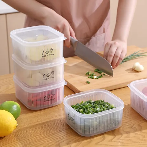 Contenitore per Alimenti Quadrato in PP PE Trasparente Con Cestello di Drenaggio per Scalogno Zenzero Aglio Cucina Contenitore per Freschezza
