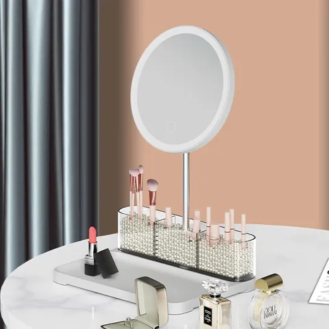 Smart LED Makeup Mirror With Storage Box Desktop Touch Screen Vanity Mirror With Pearl Holder Cosmetic Organizer Stand
