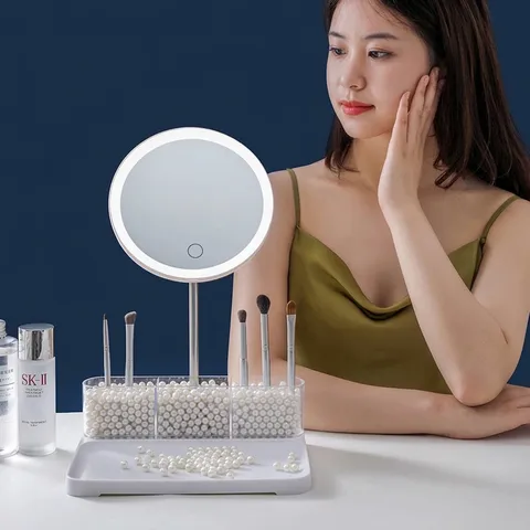 Smart LED Makeup Mirror With Storage Box Desktop Touch Screen Vanity Mirror With Pearl Holder Cosmetic Organizer Stand