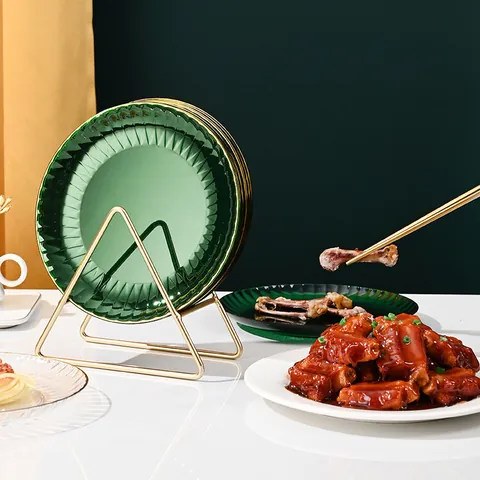 Assiette à Snack en PET de Luxe Avec Bordure Dorée Transparente Vert Foncé Assiette à Dessert Petit Plat Avec Support en Métal