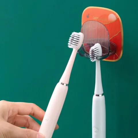 No Drill Wall Mounted Toothbrush Holder With Mouthwash Cup Plastic Bathroom Storage Rack For Home Organized Storage