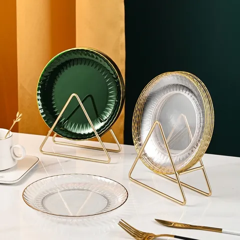 Assiette à Snack en PET de Luxe Avec Bordure Dorée Transparente Vert Foncé Assiette à Dessert Petit Plat Avec Support en Métal