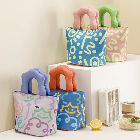 Süße Lunch-Tasche mit Cartoon-Aufdruck, tragbarer isolierter Bento-Box-Beutel, wasserabweisendes Köpergewebe, Handheld-Aufbewahrungstasche für Büro, Studenten, Picknick, Outdoor