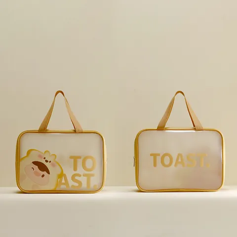 Neceser de Gran Capacidad de PU y PVC Esmerilado Portátil con Estampado de Tostada de Dibujos Animados Impermeable para Viaje Mujer