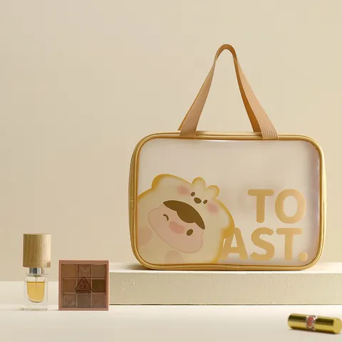 Neceser de Gran Capacidad de PU y PVC Esmerilado Portátil con Estampado de Tostada de Dibujos Animados Impermeable para Viaje Mujer