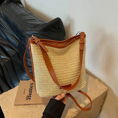Bolso Bandolera de Paja Tejida para Mujer Casual Verano Bolso de Playa Tejido a Mano Con Cremallera Para Vacaciones
