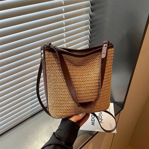 Bolso Bandolera de Paja Tejida para Mujer Casual Verano Bolso de Playa Tejido a Mano Con Cremallera Para Vacaciones