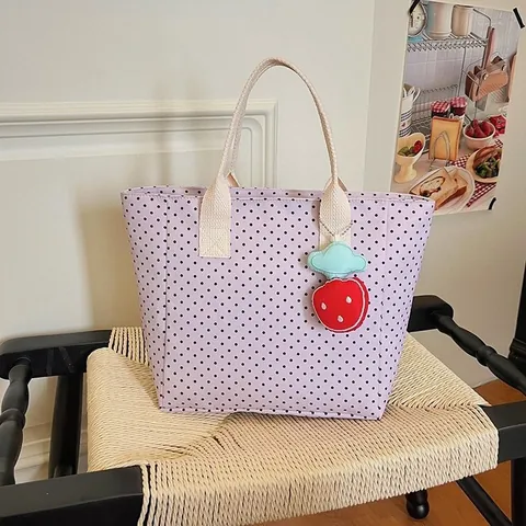 Borsa Tote da Donna a Pois Borsa a Mano in Tessuto Grande Capacità Stile Preppy Dolce Borsa a Spalla Con Pendente in Peluche per il Pendolarismo Quotidiano