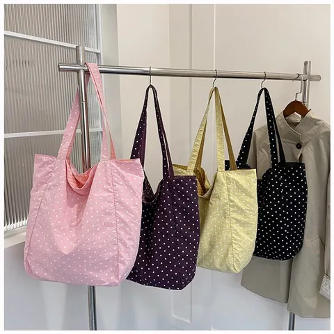Large Capacity Polka Dot Nylon Tote Bag For Women Double-Sided Reversible Shoulder Bag Korean Fashion Versatile Commute Handbag