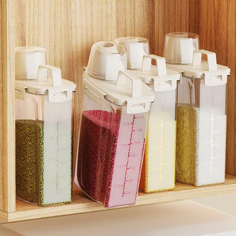 Airtight Food Grade Plastic Grain Storage Container With Measuring Cup Lid And Handle Transparent Rice Cereal Dispenser Jar