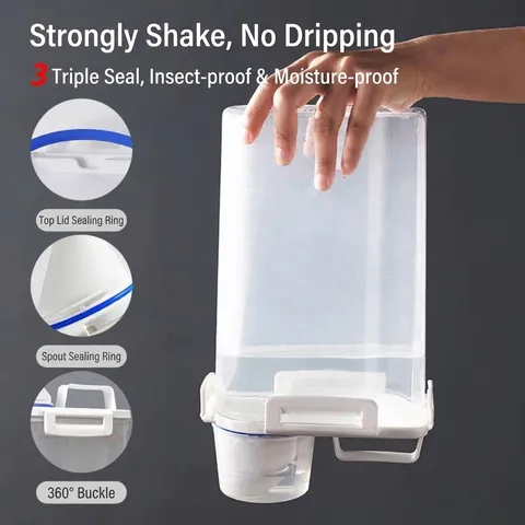 Airtight Food Grade Plastic Grain Storage Container With Measuring Cup Lid And Handle Transparent Rice Cereal Dispenser Jar