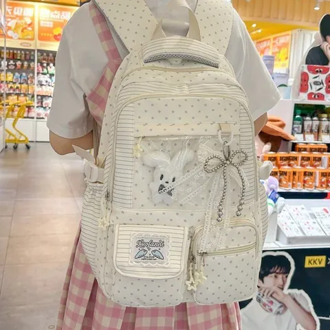Zaino Donna Stile Kawaii Giapponese Grande Capacità Borsa da Scuola Tasca Trasparente Stampa Stelle Nylon Zaino da Viaggio Con Ciondolo Coniglio