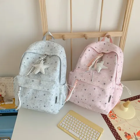 Korean Ins Style Star Print Backpack For Women Sweet Girl Travel Outing School Bag College Students Large Capacity Nylon Starry Backpack