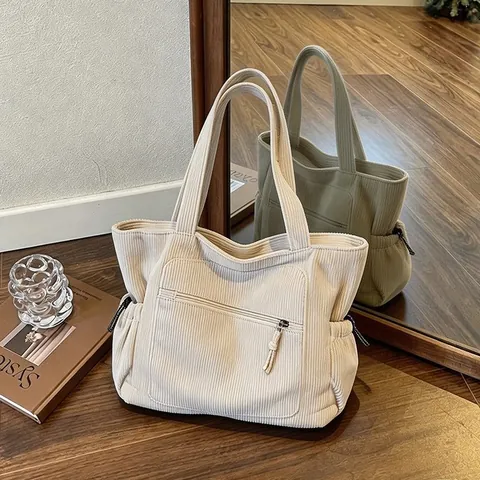Γυναικεία Casual Τσάντα Tote από Κορντουρόι Μεγάλης Χωρητικότητας Μονόχρωμη Τσάντα Ώμου Κορεάτικο Στυλ για Καθημερινή Χρήση