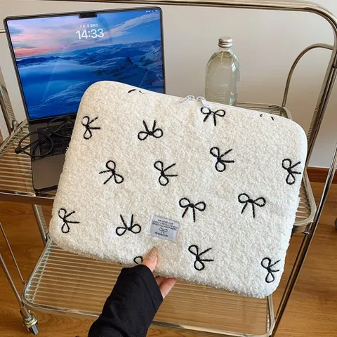 Süße Plüsch Schleife Gestickt Laptoptasche Stoßfeste Schutzhülle Für Tablet Pad IPad Notebook Tägliche Büro Schule Tragetaschen