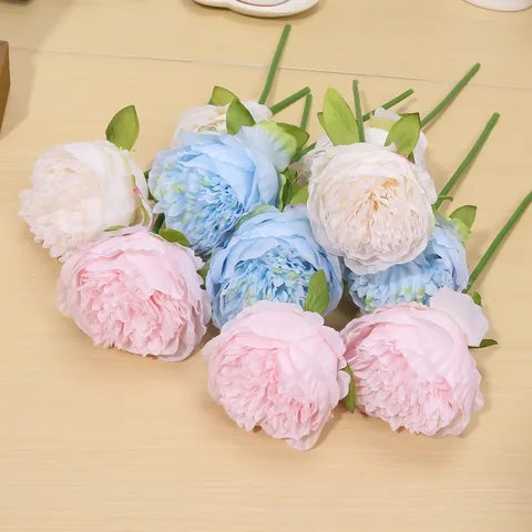 Flor Artificial Peonía de Tela de Seda Tallo Único Estilo Europeo Moderno Núcleo Envuelto para Ramo de Novia Decoración Floral del Hogar