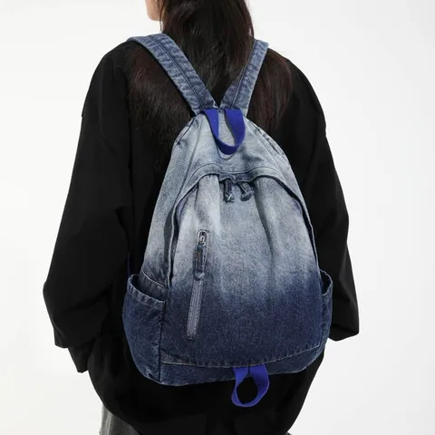 Retro Gradient Washed Denim Backpack For Women Men Large Capacity Distressed Student Schoolbag Korean Style Casual Travel Bag