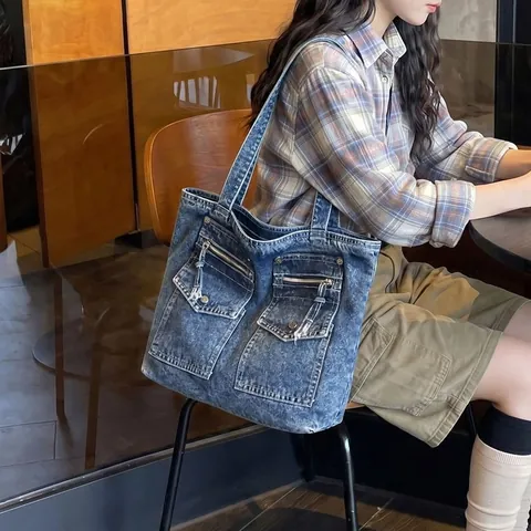 Women Large Capacity Denim Tote Bag Washed Jeans Shoulder Bag Multi-Pockets Commuter Student Fashion Shopper Handbag
