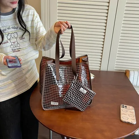 Moda Borsa Tote Trasparente a Griglia Borsa Jelly con Pochette Abbinata Borsa a Spalla Impermeabile per Donna Casual Viaggio Quotidiana