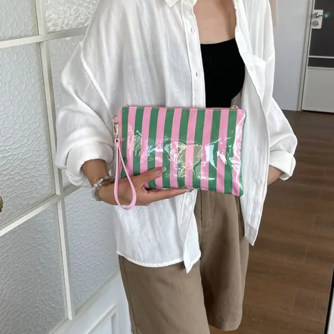 Borsa da Trucco da Viaggio di Grande Capacità Impermeabile in PVC a Righe a Pois Organizzatore Cosmetico Con Cinturino da Polso per Donna