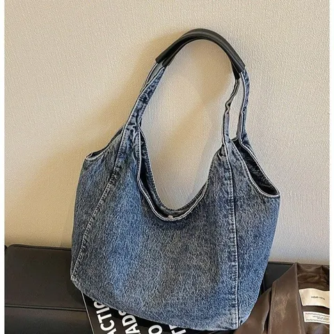 Borsa Tote in Denim Vintage Grande Capacità Borsa a Tracolla Lavata per Donna Borsa Sottobraccio Casual Commuter Retrò