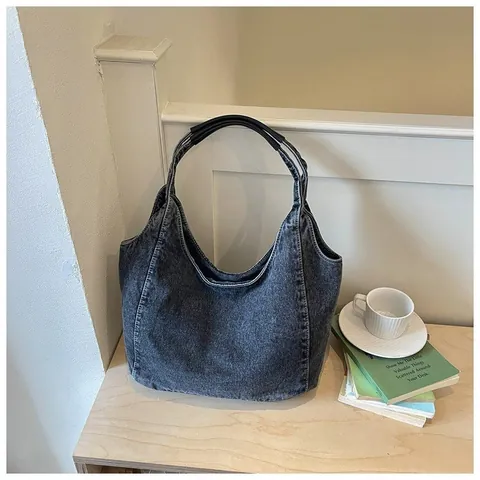 Borsa Tote in Denim Vintage Grande Capacità Borsa a Tracolla Lavata per Donna Borsa Sottobraccio Casual Commuter Retrò