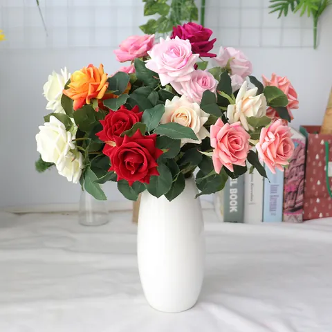 Realistische Fluwelen Kunstmatige Rozenboeket Tweekoppige Kunstbloemen Voor Bruiloft Feest Huis Kantoor Tafeldecoratie