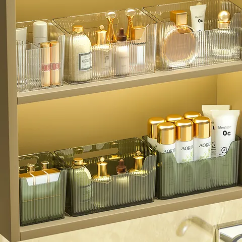 Modern Striped Bathroom Toothbrush Storage Box Waterproof PET Makeup Organizer Washstand Desktop Toiletries Case Storage Rack
