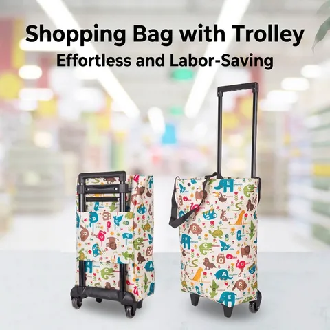Carrito de Compras Plegable Portátil con Ruedas y Mango Telescópico Bolsa Trolley de PVC Impermeable con Patrones de Animales de Dibujos Animados para Ancianos